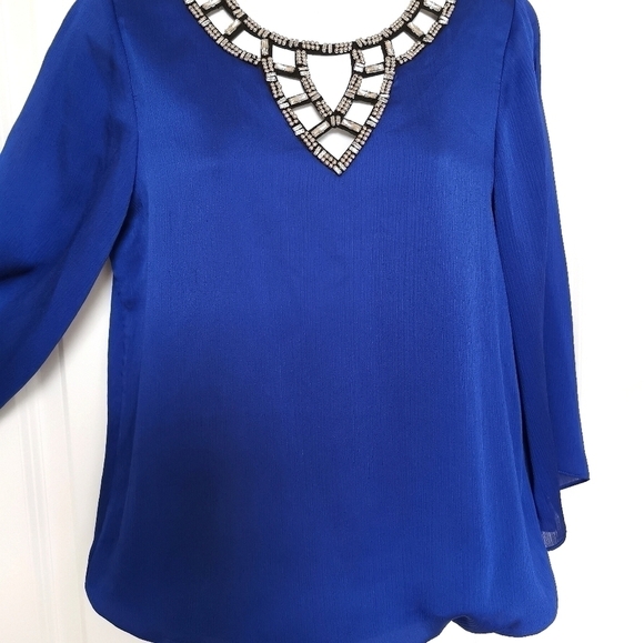 Royal Blue Beaded and Crystals Party Blouse Top Size Small - Picture 6 of 6